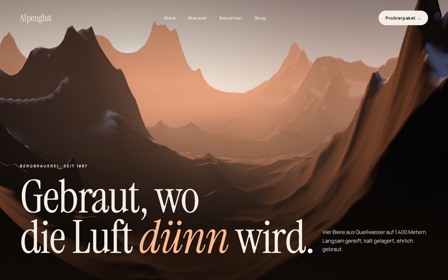 Alpenglut, editoriale Richtung: 3D-Berglandschaft, große Serifenschrift